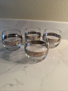Mid Century Modern Roly Poly Glasses Silver Band with Apothecary Design Set of 4